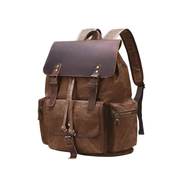 Vintage Waxed Canvas Backpack Casual Genuine Leather Laptop Rucksack Shoulder DayPack for Travel/Hiking/School