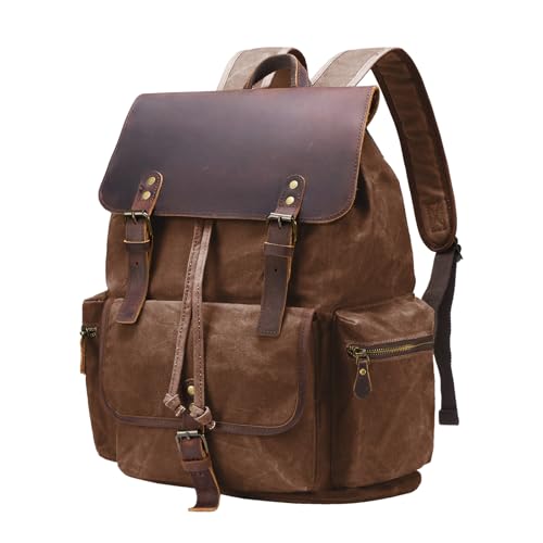 Vintage Waxed Canvas Backpack Casual Genuine Leather Laptop Rucksack Shoulder DayPack for Travel/Hiking/School
