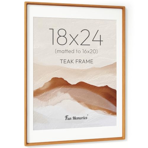 Fun Memories 18 x 24 Poster Frame, Solid Teak Wood Photo Frame with Real Glass, Handcrafted Rounded Corner 18x24 Frame Matted to 16x20 Photos, Horizontal or Vertical Wall Display, Teak - 1 Pack