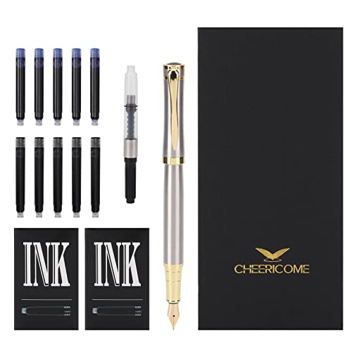 Cheericome Fountain Pen - Luxury Fountain Pen Set For Men & Women - Ink Pen For Smooth Writing - Fountain Pen Fine Nib，Includes 10 Ink Cartridges And Ink Refill Converter - Silver #TOP1