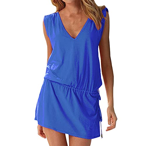 LAPAYA Women's Swim Beach Dress Deep V Neck Open-Back Beach Cover Up Beach Skirt, Royal Blue, 12-14
