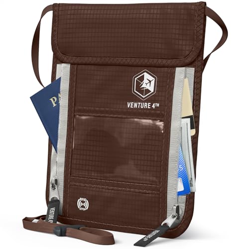 VENTURE 4TH Neck Wallet for Women & Men – RFID Blocking Passport Holder for Travel, Hidden Neck Pouch with 6 Compartments, Slim Lightweight Travel Organizer with Adjustable Strap (Brown)