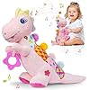 41evgdqultl - Baby Musical Plush Dino Toy for 0-3-6-12+ Months,Activity Soft with Rattle,Squeaker,Crinkles Sound Paper,Teether & Textures,Infant Dinosaur Tummy Time Toys Gifts for Newborn Toddler Girls (Pink)