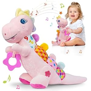 41evgdqultl - Baby Musical Plush Dino Toy for 0-3-6-12+ Months,Activity Soft with Rattle,Squeaker,Crinkles Sound Paper,Teether & Textures,Infant Dinosaur Tummy Time Toys Gifts for Newborn Toddler Girls (Pink)