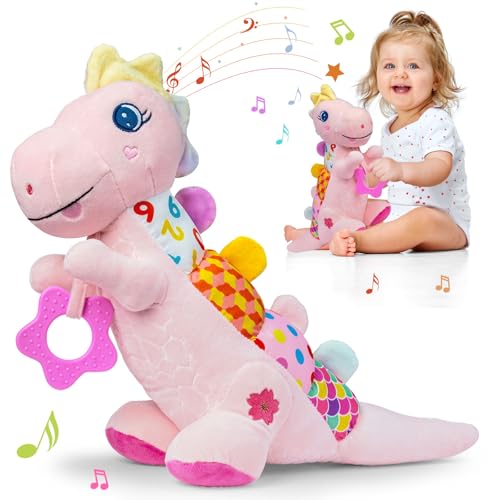 41evgdqultl - Baby Musical Plush Dino Toy for 0-3-6-12+ Months,Activity Soft with Rattle,Squeaker,Crinkles Sound Paper,Teether & Textures,Infant Dinosaur Tummy Time Toys Gifts for Newborn Toddler Girls (Pink)