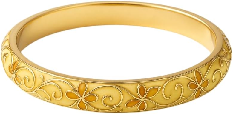 Zarif Mineli Altın Rengi Emaye Bilezik, Çiçek Desenli, Metal Bangle Tasarım, Kadın Takı Aksesuarı Kelepçe (turuncu) 18cm - Görsel 1