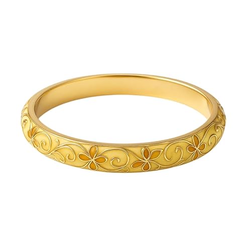Zarif Mineli Altın Rengi Emaye Bilezik, Çiçek Desenli, Metal Bangle Tasarım, Kadın Takı Aksesuarı Kelepçe (turuncu) 18cm