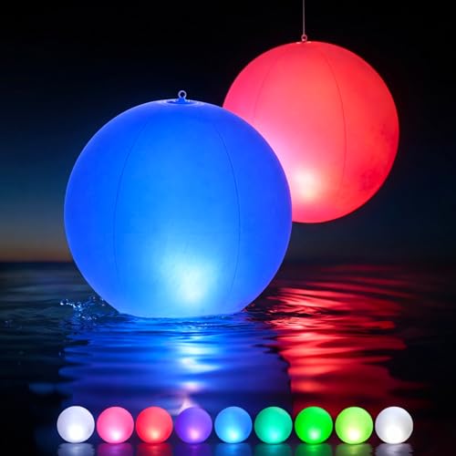 HAPIKAY Solar Floating Pool Lights - Pack of 2 Solar Powered Color Changing 14-inch Balls - Float or Hang in Pool Garden Backyard Pond Party Decorations - Inflatable Wateproof