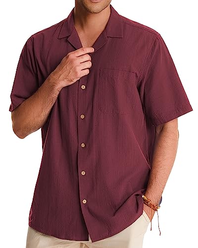 Image of Alimens & Gentle Mens Linen Shirts Cotton Hawaiian Shirts Short Sleeve Button Down Shirts Casual Summer Beach Tops
