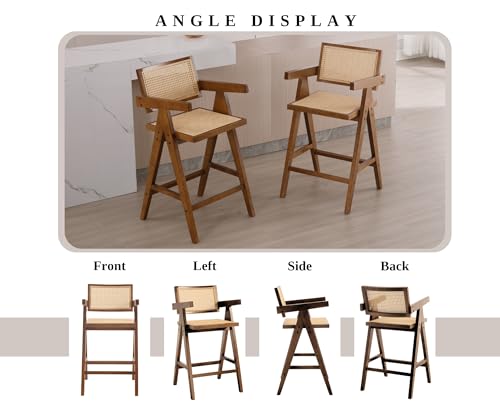 EALSON Rattan Counter Height Bar Stools Set of 2 Modern Farmhouse Wood Barstools with Cane Back/Seat and Arms Mid Century Comfy Counter Stools for Kitchen Island, 26 Inches Walnut Brown - Thumbnail 6