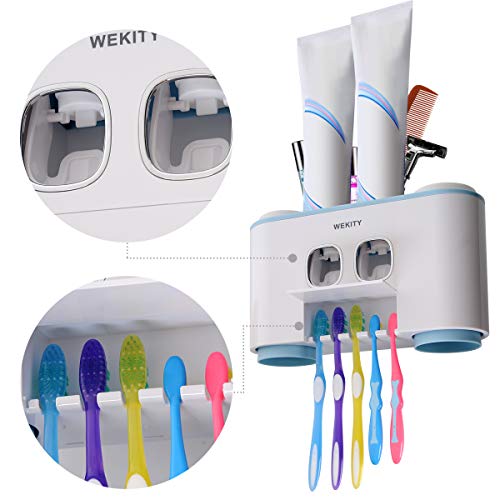 Toothbrush Holder Wall Mounted, WEKITY Multi-Functional Toothbrush and Toothpaste Dispenser for Bathroom, with 5 Toothbrush Slots, 2 Toothpaste Squeezers and 4 Cups(Blue)