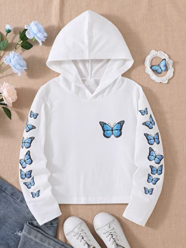 Oyoangle Girls' Butterfly Print Hooded Long Sleeve Tee Shirt Casual Crop Hoodie White 9Y #TOP4