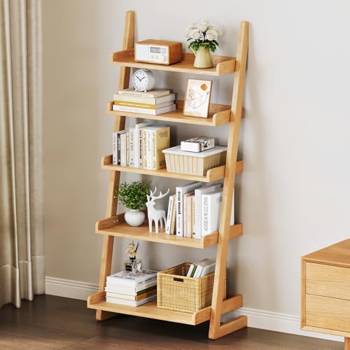 Uniclinens Natural Wooden Ladder Shelf, 5-Tier Ladder Bookshelf, Ladder Shelf Bookcase for Compact Spaces, Wooden Bookshel for Living Room, Bedroom, Home Office,(23.6''Dx15.7''Wx55.1''H)