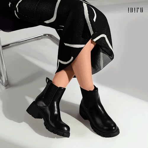 IDIFU IN2 Chelsea Boots Women Ankle Boots for Women Platform Low Heel Short Chunky Lug Sole Block Round Toe Boots Fall Dress Comfortable Fashion Booties for Women Elastic Heeled Boots3