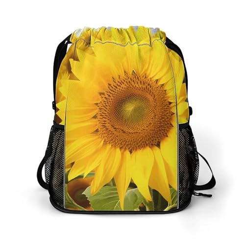 Waterproof Drawstring Gym Backpack with Shoe Compartment & Wet-Proof Pocket - Lightweight 28L Sunflowers Sports Backpack Travel Workout String Bag for Yoga Swim