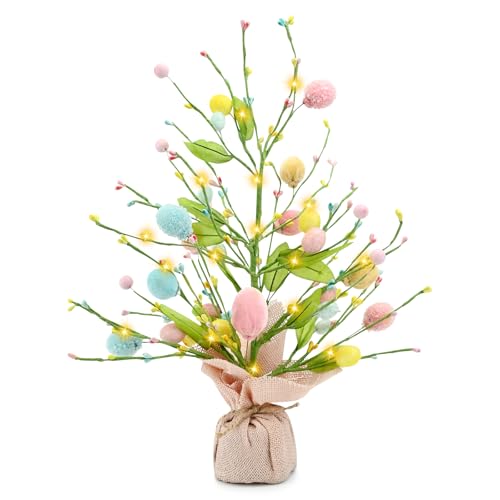 Árbol iluminado de Pascua para mesa de 46 cm, decoración LED de Pascua, árbol de huevos de Pascua, adorno de ramita de Pascua con luces, centros de mesa decorativos artificiales para Pascua,