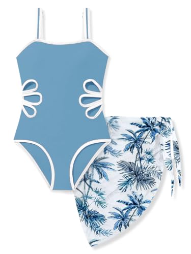 Image of 7-16 Years Girls Swimsuit 2PCS Adjustable Straps Cut Out One Piece Bathing Suit with Solid Color Cover Up Skirt