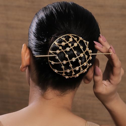 Image of Hair Bun Cage Accessory for Women | Handcrafted Brass Juda Cover with Stick | Anti-Tarnish Traditional Hair Accessory for Wedding & Festive (Pear Flower Hair Bun (Golden))