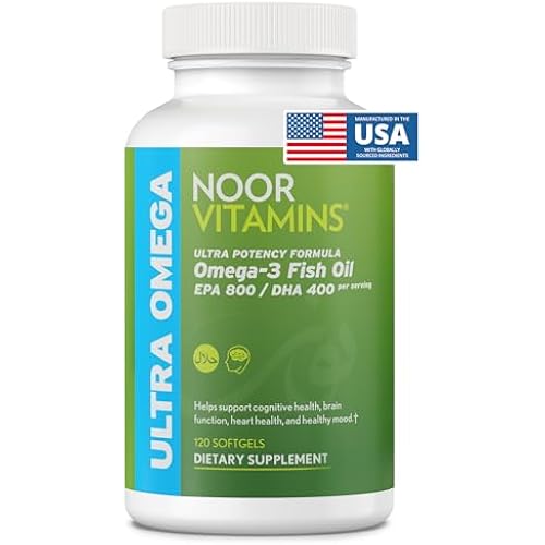 Noor Vitamins Halal Fish Oil, Halal Vitamins, Ultra Omega 3 Wild Peruvian Fish (800 mg EPA & 400 mg DHA) Heart, Brain & Joint Support, Non-GMO and Gluten Free (120 Count)