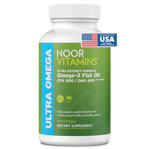 Noor Vitamins Halal Fish Oil, Halal Vitamins, Ultra Omega 3 Wild Peruvian Fish (800 mg EPA & 400 mg DHA) Heart, Brain & Joint Support, Non-GMO and Gluten Free (120 Count)
