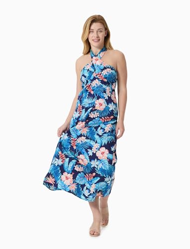PATPAT Family Matching Hawaiian Outfits: Women Halter Tropical Maxi Sundress - Mommy and Me Matching Dresses for Vacation Beach Luau Cruise, Deep Blue Floral, Women, Medium