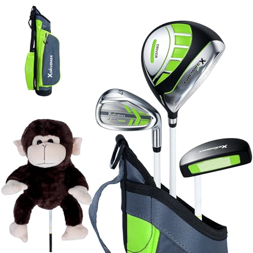 XDriveMax Junior Golf Club Set for Toddlers and Kids Ages 3-5 (Height 36-43) Right Hand Green - Includes Ultra-Light Driver 7 Iron Putter Cartoon Monkey Headcover Practice Balls & Putting Cup