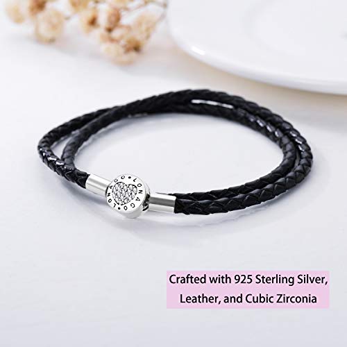 Lonago Moments Double Black Leather Charm Bracelet 925 Sterling Silver Bead Bracelet Jewelry Fit Snake Charms Birthday Gift For Women Mom （15） #TOP1