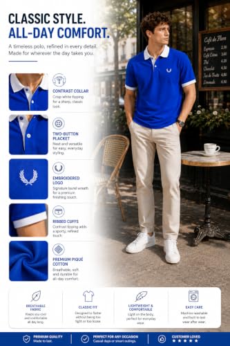 Image of Mens Pique Polo T-Shirt | Cotton Rich, Smart Fit Polo with Embroidered Logo | Casual & Sports Wear | Polo T-Shirt for Men