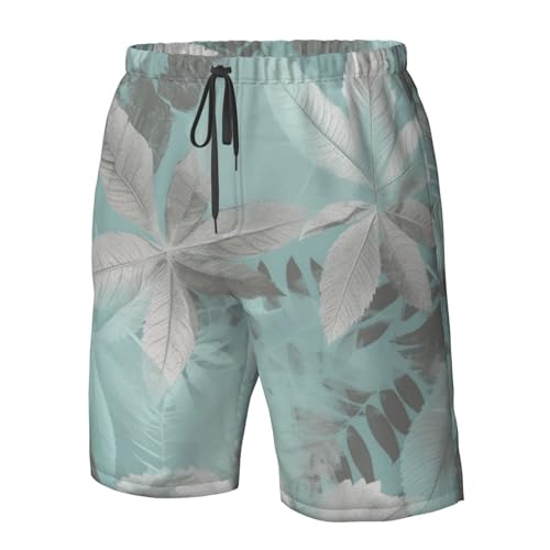 Mint Gray Leaves Men's Swim Trunks Quick Dry Board Shorts with Pockets Casual Drawstring Beach Shorts4