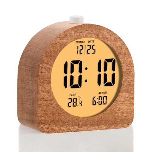 Plumeet Wooden Digital Alarm Clock for Bedrooms, Wood 4'' Battery Powered Alarm Clock with Snooze and Nightlight, Electronic LCD Desk Clock Display Time, Date, Temp, 12/24H, Wood Décor, Round, Sapele