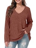 BELAROI Plus Size Long Sleeve Tops for Women Dressy Casual Shirts V Neck Tunic Sweaters Pullover Lightweight Loose Fit(4X, Caramel)