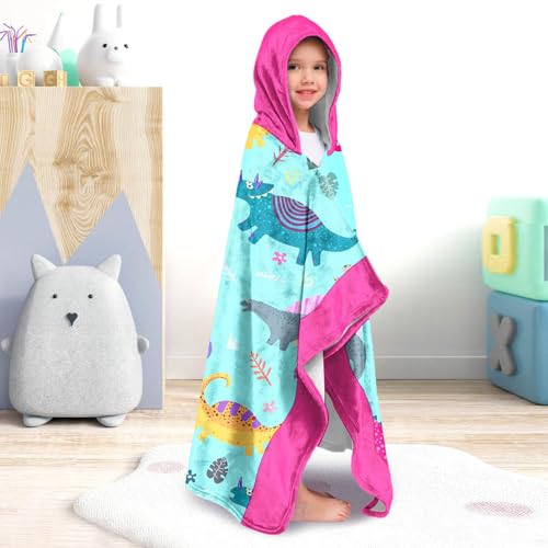 Image of Dinosaur Girls Beach Towel with Hoodie for Kids Toddlers Age 4-8, Pink Bath Towels Shower Wrap for Girls, Hooded Poncho Beach Blanket for Pool Swimming Cute Wearable Bath Towel for Child