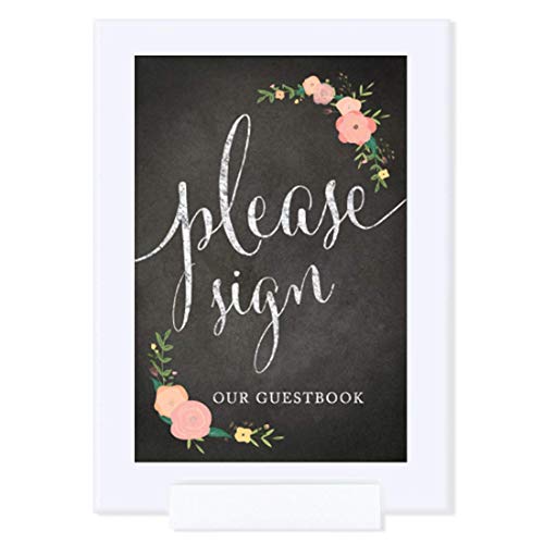 Andaz Press Framed Wedding Party Signs, Chalkboard Floral Roses Print, 4x6-inch, Please Sign our Guestbook, 1-Pack, Includes Frame