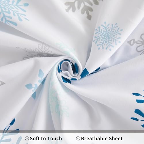 Image of Mooreeke Twin Christmas Sheets Set - 3 Pieces Soft Breathable Microfiber Bed Sheet Set - Blue Snow Pattern Sheet Set - Deep Pocket Non-Slip Winter Printed Fitted Sheet Included for Winter