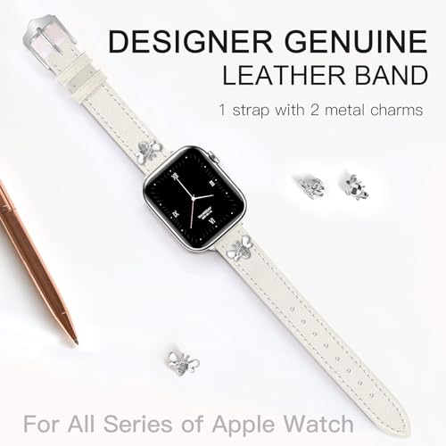 Image of JR.DM Slim Leather Bands Compatible with Apple Watch Band 38mm 40mm 41mm 42mm 44mm 45mm 46mm 49mm, Genuine Leather Band with Charms, Feminine Design for Iwatch Ultra SE Series 11 10 9 8 7 6 5 4 3 2 1