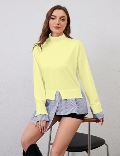 Image of MISSACTIVER Women Slit Turtleneck Patchwork Sweater 2 in 1 Buttons Down Pullover Knit Sweater Asymmetrical Hem Shirt Top