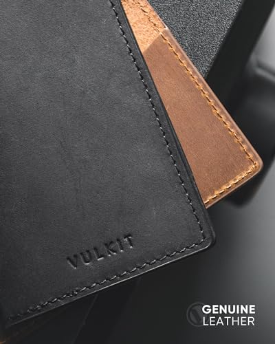 Image of VULKIT Genuine Leather Business Card Holder 2 Sided Slim Business Name Card Organizer for Men or Women, up to Hold 20 cards (Genuine Black)