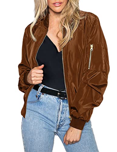 Zeagoo Womens Lightweight Jacket Casual Bomber Jacket Classic Coat Zip Up, Satin-Light Brown, Medium #TOP7
