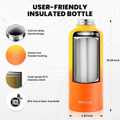 Image of RAYMYLO Insulated Water Bottle 87 oz, Triple Wall Vacuum Stainless Steel (Cold for 48 Hrs), Leak Proof & Non-BPA, Modern Water Flask Jug with Paracord Handle & Straw Spout Lids, Ombre Orange