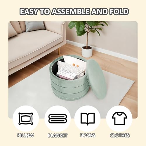 PINPLUS Storage Ottoman with Tray Round Twisted Shape Boucle Removable Footstool Coffee Table for Living Room, Bedroom, Dorm,Avocado Greeen 22.8 inches by PINPLUS - Used condition - CA$37.51