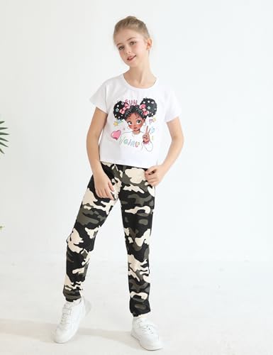 Image of mksodop Girls Outfit Set Graphic T Shirt and Camo Jogger Pants Cute Casual Clothes for Girls 5-16 Years