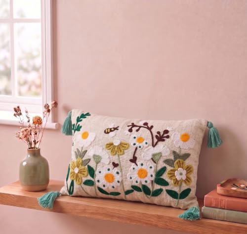 Image of Furnistitchs Boho Rectangle Cushion Cover 12x20 inches | Handmade Decorative Throw Pillow Case | Bohemian Home Decor Sofa Bed Cushion Cover Living Room Bedroom (2, Natural Floral Cuts, 12x20 inches)
