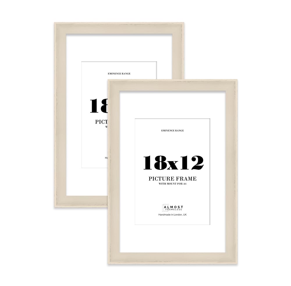 18x12" Cream Picture Frame with A4 Mount - Shabby Chic Photo Frame with Distressed Finish, Wall Hooks, 32mm Edge - 2 Pack