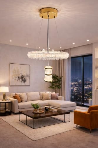 Image of Modern Luxury Stylish LED Crystal Ring Gold Finish with 3 Different Color Mode (Warm White, Cool White, Neutral White) Chandelier with Height Adjustable Hanging for Bedroom, Living, Dining,