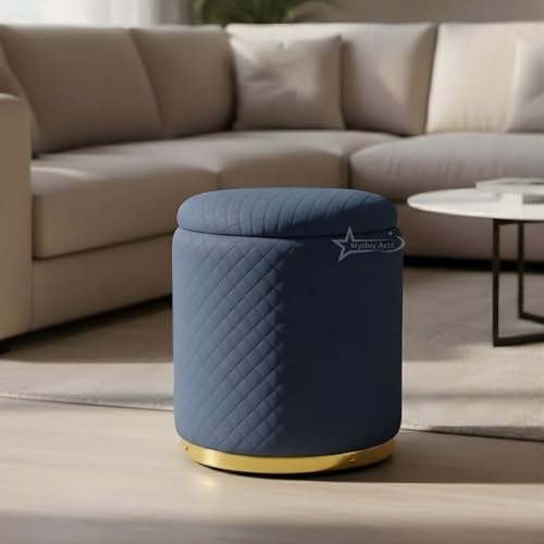 Image of Premium Round Storage Ottoman Stool 13 X 13X 16 inch, with Gold Metal Base | Luxury Pouffe with Hidden Storage | Cushioned Footrest for Living Room, Bedroom & Lounge Blue