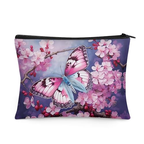 Flashideas Pink Butterfly Makeup Bag for Purse Travel Cosmetic Bag Makeup Pouch Easy to Take Portable Versatile Zipper Pouch For Women Can Hold Makeup Brushes Skincare