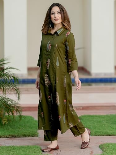 Image of Arayna Women's Pure Cotton Printed A-Line Kurta Set with Pants | Button-Down Collar Kurta