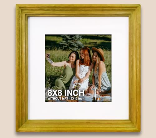 Image of 8 x 8 inch Wooden Photo Frame with Mat, Yellow Photo Frame 8 x 8 inch with Mat or 12 x 12 inch without Mat for Wall Decoration, Gallery Walls, Best Wooden Photo Frames for Posters and Photos