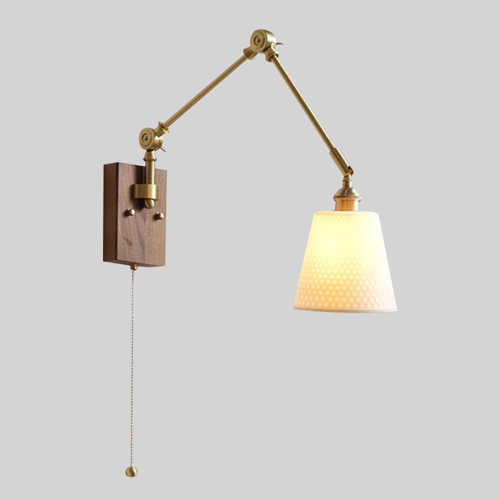 1 Confezione di Applique da Parete in Legno Vintage, Lampada da Parete con Braccio Girevole Regolabile con Paralume in Ceramica Bianca, Moderna Lampada da Parete in Ottone con Interruttore per so