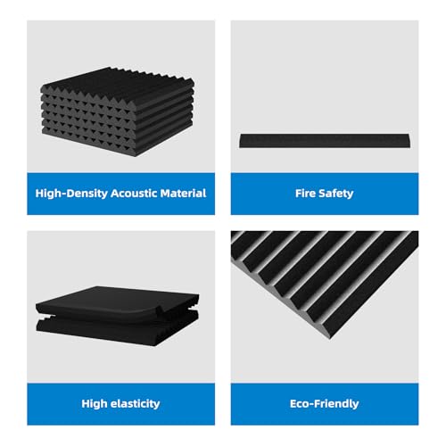 56 Pack Sound Proof Foam Panels |1\"×12\"×12\" Quick-Recovery Soundproof Wall Panels | High Density Sound Dampening Panels for Home Studio |With Adhesive Stickers 280PCS (Black)